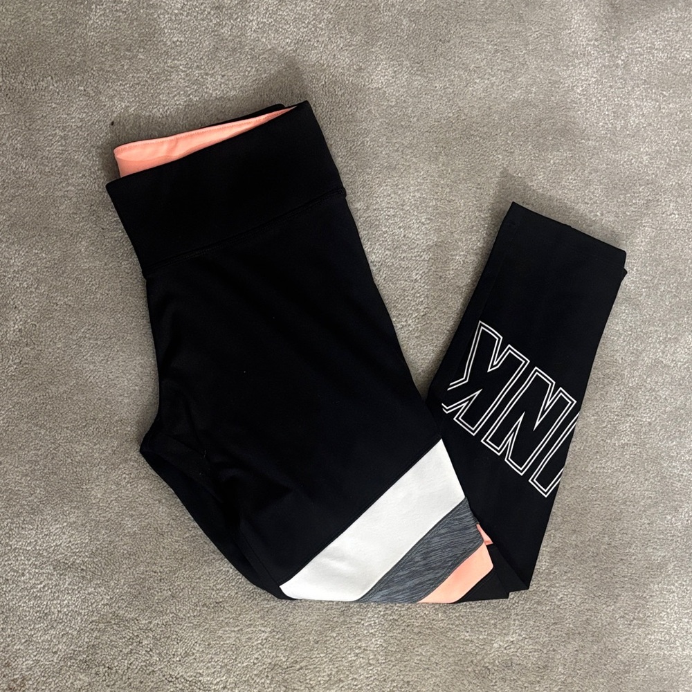 PINK Victoria's Secret Black Leggings with White and Pink Stripes
